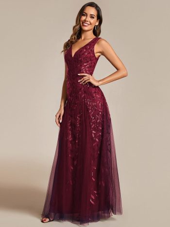 V-Neck Leaf Sequin Sleeveless A-Line Formal Evening Dress with Tulle - Burgundy