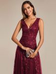 V-Neck Leaf Sequin Sleeveless A-Line Formal Evening Dress with Tulle – Burgundy