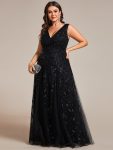 V-Neck Leaf Sequin Sleeveless A-Line Formal Evening Dress with Tulle – Black