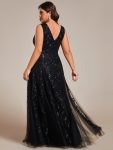 V-Neck Leaf Sequin Sleeveless A-Line Formal Evening Dress with Tulle – Black