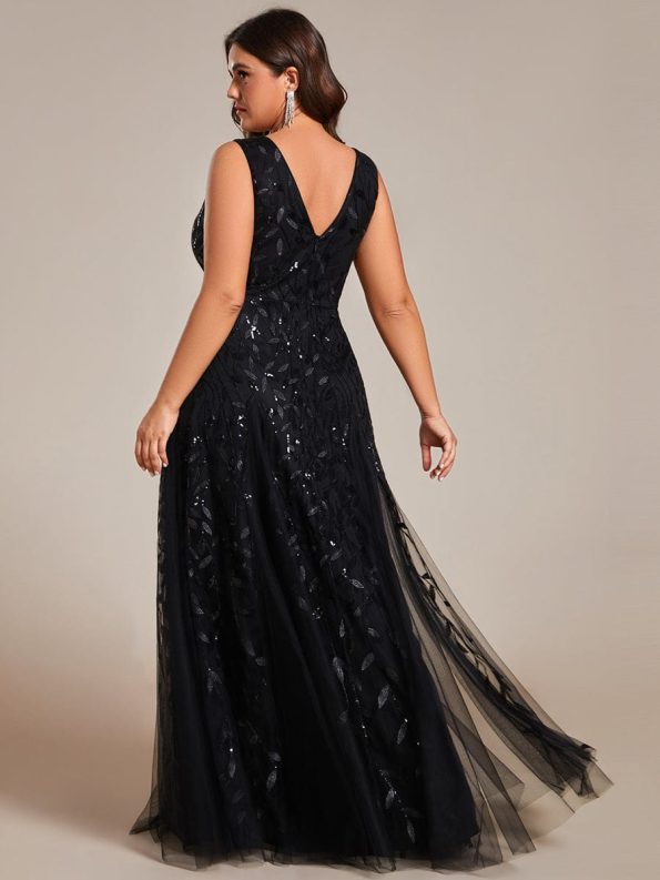 V-Neck Leaf Sequin Sleeveless A-Line Formal Evening Dress with Tulle - Black