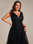 V-Neck Leaf Sequin Sleeveless A-Line Formal Evening Dress with Tulle – Black