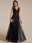 V-Neck Leaf Sequin Sleeveless A-Line Formal Evening Dress with Tulle – Black