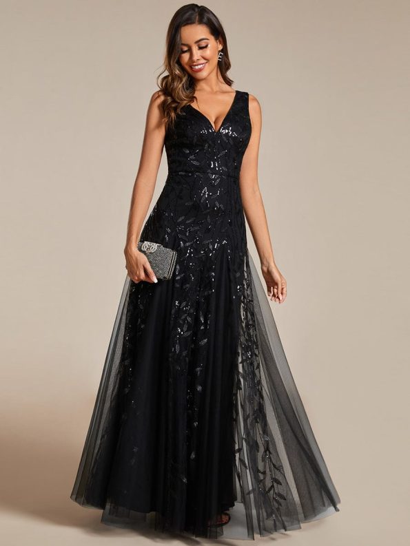 V-Neck Leaf Sequin Sleeveless A-Line Formal Evening Dress with Tulle - Black