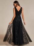 V-Neck Leaf Sequin Sleeveless A-Line Formal Evening Dress with Tulle – Black