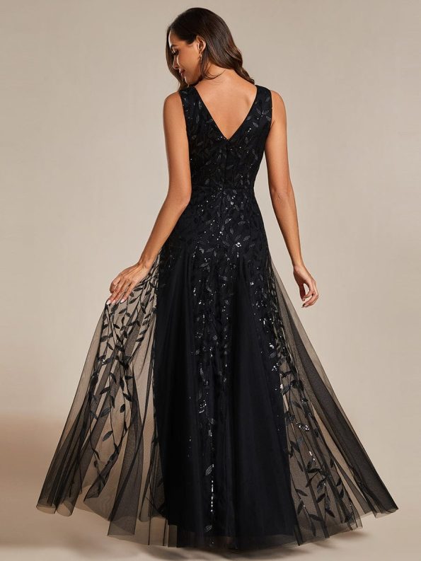 V-Neck Leaf Sequin Sleeveless A-Line Formal Evening Dress with Tulle - Black