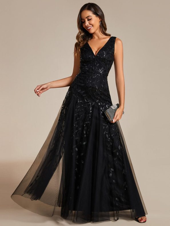 V-Neck Leaf Sequin Sleeveless A-Line Formal Evening Dress with Tulle - Black