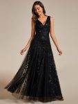 V-Neck Leaf Sequin Sleeveless A-Line Formal Evening Dress with Tulle – Black