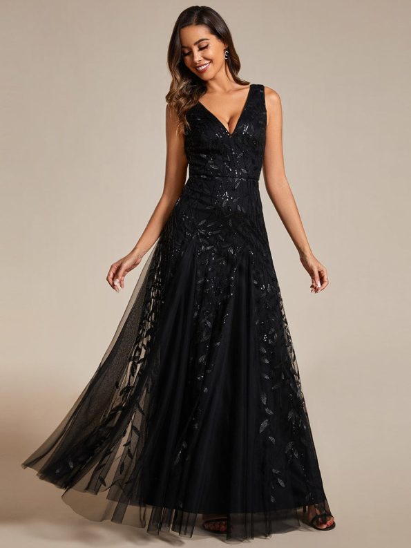 V-Neck Leaf Sequin Sleeveless A-Line Formal Evening Dress with Tulle - Black