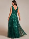 V-Neck Leaf Sequin Sleeveless A-Line Formal Evening Dress with Tulle – Dark Green