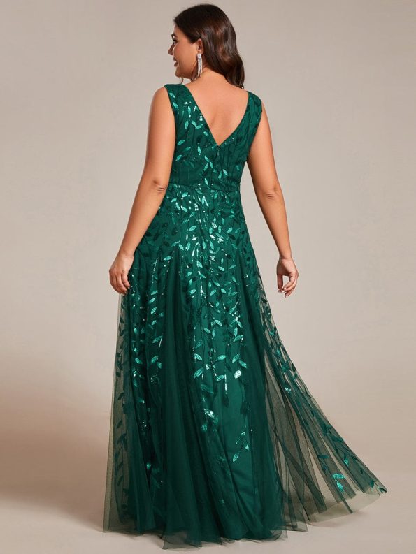 V-Neck Leaf Sequin Sleeveless A-Line Formal Evening Dress with Tulle - Dark Green