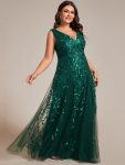 V-Neck Leaf Sequin Sleeveless A-Line Formal Evening Dress with Tulle – Dark Green