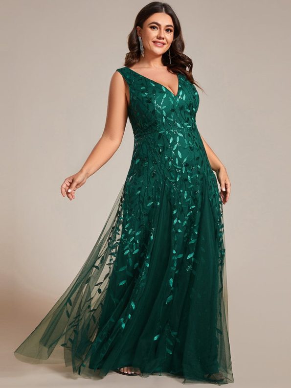 V-Neck Leaf Sequin Sleeveless A-Line Formal Evening Dress with Tulle - Dark Green