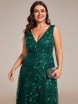 V-Neck Leaf Sequin Sleeveless A-Line Formal Evening Dress with Tulle – Dark Green