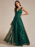 V-Neck Leaf Sequin Sleeveless A-Line Formal Evening Dress with Tulle – Dark Green