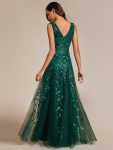 V-Neck Leaf Sequin Sleeveless A-Line Formal Evening Dress with Tulle – Dark Green