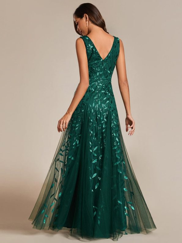 V-Neck Leaf Sequin Sleeveless A-Line Formal Evening Dress with Tulle - Dark Green