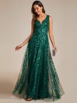 V-Neck Leaf Sequin Sleeveless A-Line Formal Evening Dress with Tulle – Dark Green