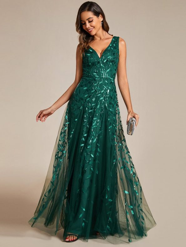 V-Neck Leaf Sequin Sleeveless A-Line Formal Evening Dress with Tulle - Dark Green