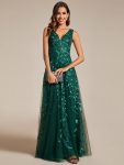 V-Neck Leaf Sequin Sleeveless A-Line Formal Evening Dress with Tulle – Dark Green