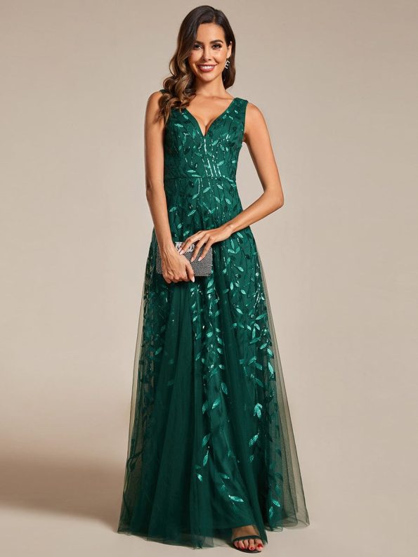 V-Neck Leaf Sequin Sleeveless A-Line Formal Evening Dress with Tulle - Dark Green