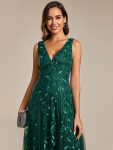 V-Neck Leaf Sequin Sleeveless A-Line Formal Evening Dress with Tulle – Dark Green