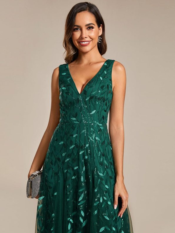 V-Neck Leaf Sequin Sleeveless A-Line Formal Evening Dress with Tulle - Dark Green