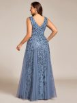 V-Neck Leaf Sequin Sleeveless A-Line Formal Evening Dress with Tulle – Dusty Navy