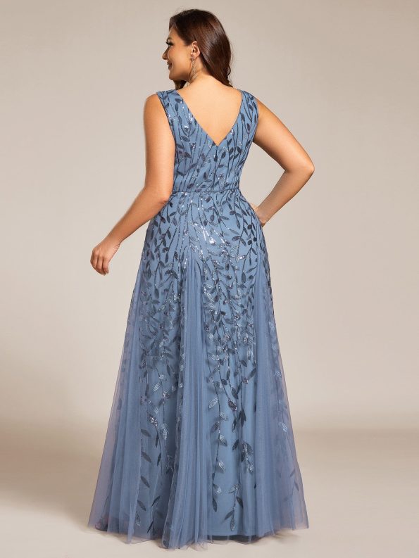 V-Neck Leaf Sequin Sleeveless A-Line Formal Evening Dress with Tulle - Dusty Navy