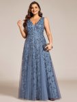 V-Neck Leaf Sequin Sleeveless A-Line Formal Evening Dress with Tulle – Dusty Navy