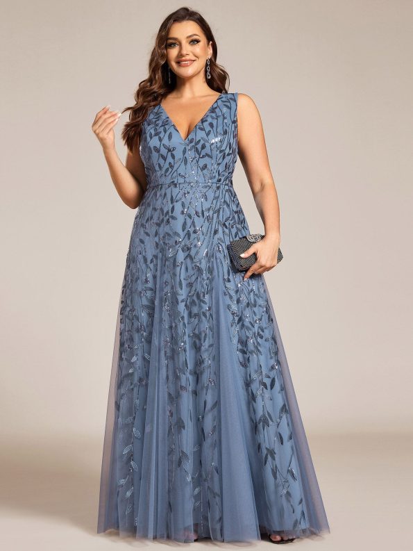 V-Neck Leaf Sequin Sleeveless A-Line Formal Evening Dress with Tulle - Dusty Navy