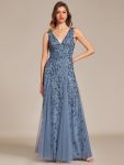 V-Neck Leaf Sequin Sleeveless A-Line Formal Evening Dress with Tulle – Dusty Navy