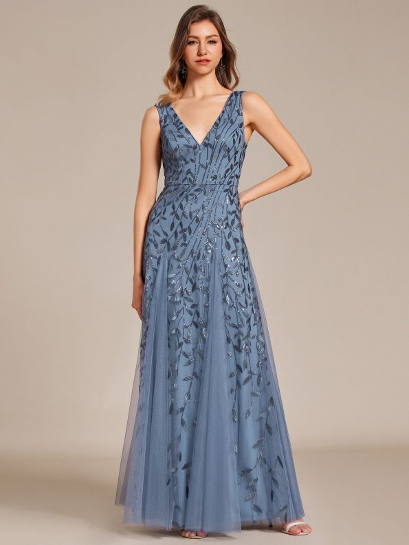 V-Neck Leaf Sequin Sleeveless A-Line Formal Evening Dress with Tulle - Dusty Navy