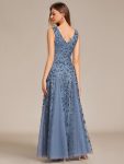 V-Neck Leaf Sequin Sleeveless A-Line Formal Evening Dress with Tulle – Dusty Navy