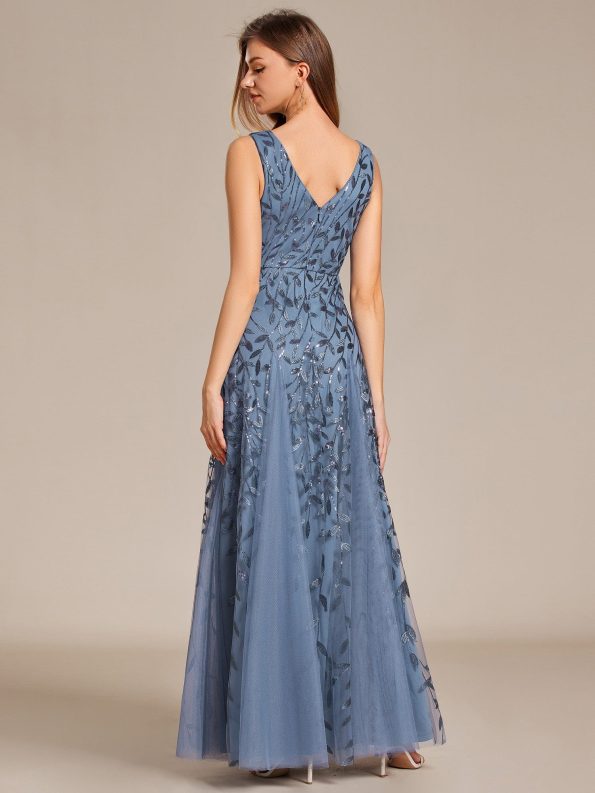 V-Neck Leaf Sequin Sleeveless A-Line Formal Evening Dress with Tulle - Dusty Navy