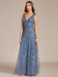 V-Neck Leaf Sequin Sleeveless A-Line Formal Evening Dress with Tulle – Dusty Navy