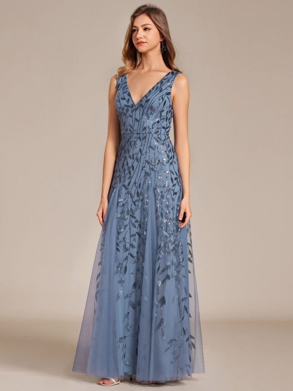 V-Neck Leaf Sequin Sleeveless A-Line Formal Evening Dress with Tulle - Dusty Navy