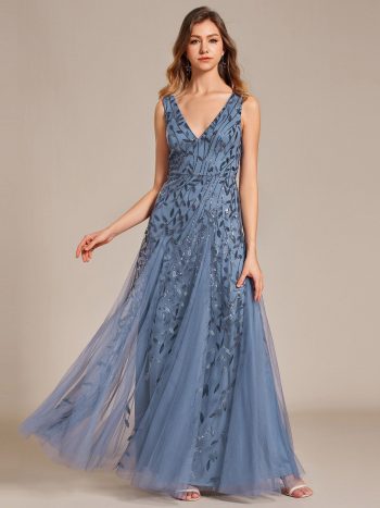 V-Neck Leaf Sequin Sleeveless A-Line Formal Evening Dress with Tulle - Dusty Navy