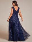 V-Neck Leaf Sequin Sleeveless A-Line Formal Evening Dress with Tulle – Navy Blue