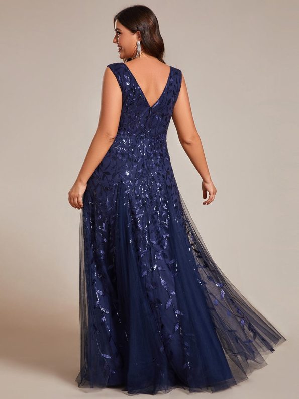 V-Neck Leaf Sequin Sleeveless A-Line Formal Evening Dress with Tulle - Navy Blue