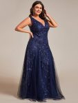 V-Neck Leaf Sequin Sleeveless A-Line Formal Evening Dress with Tulle – Navy Blue