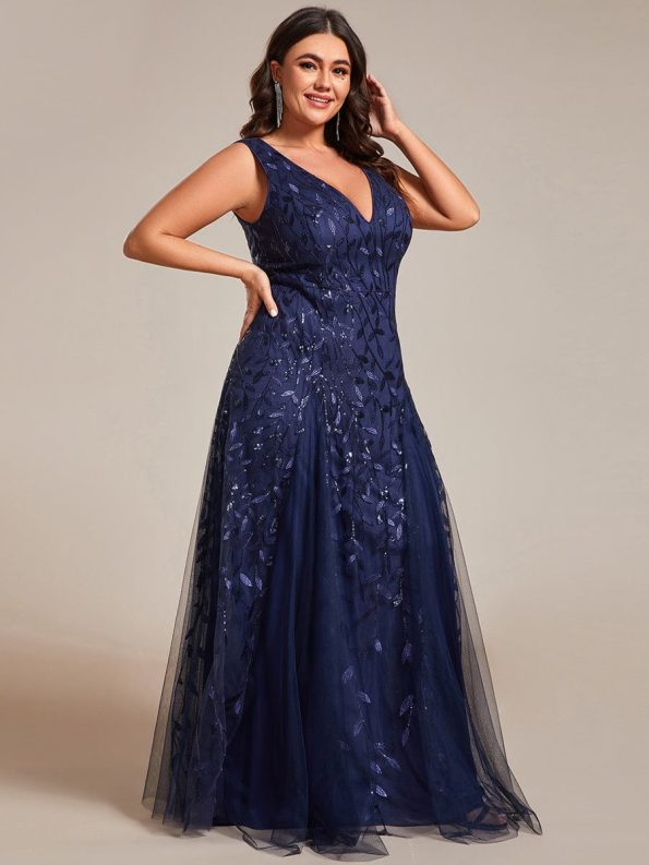 V-Neck Leaf Sequin Sleeveless A-Line Formal Evening Dress with Tulle - Navy Blue