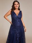 V-Neck Leaf Sequin Sleeveless A-Line Formal Evening Dress with Tulle – Navy Blue