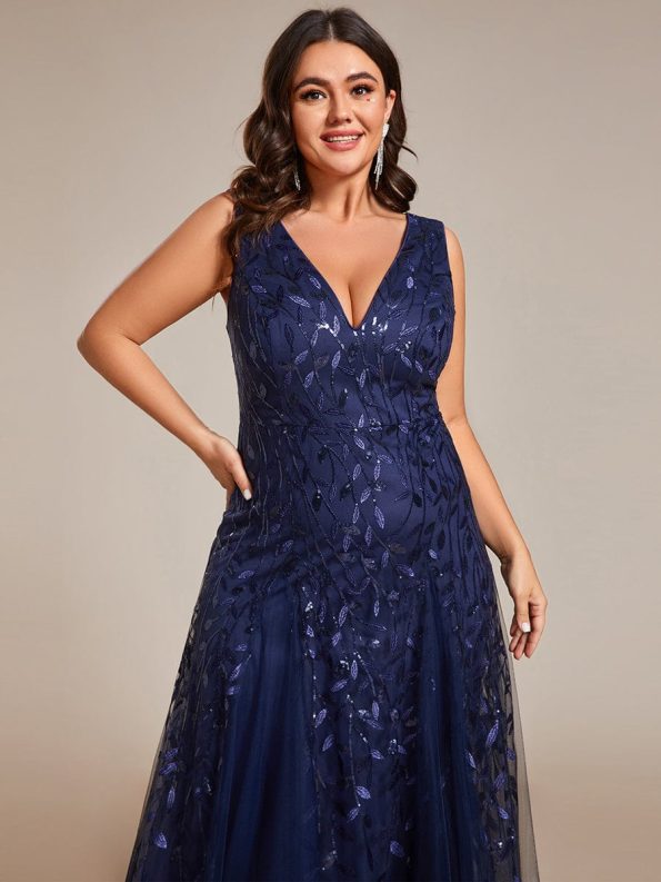 V-Neck Leaf Sequin Sleeveless A-Line Formal Evening Dress with Tulle - Navy Blue