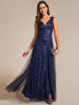 V-Neck Leaf Sequin Sleeveless A-Line Formal Evening Dress with Tulle – Navy Blue