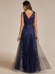 V-Neck Leaf Sequin Sleeveless A-Line Formal Evening Dress with Tulle – Navy Blue