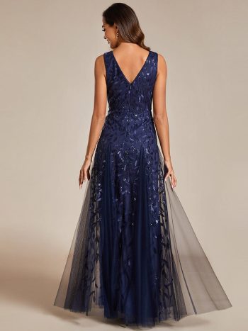 V-Neck Leaf Sequin Sleeveless A-Line Formal Evening Dress with Tulle - Navy Blue