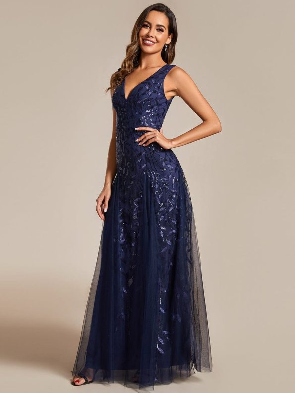 V-Neck Leaf Sequin Sleeveless A-Line Formal Evening Dress with Tulle - Navy Blue