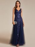 V-Neck Leaf Sequin Sleeveless A-Line Formal Evening Dress with Tulle – Navy Blue