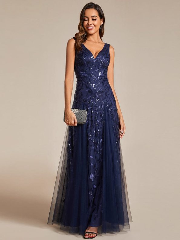 V-Neck Leaf Sequin Sleeveless A-Line Formal Evening Dress with Tulle - Navy Blue